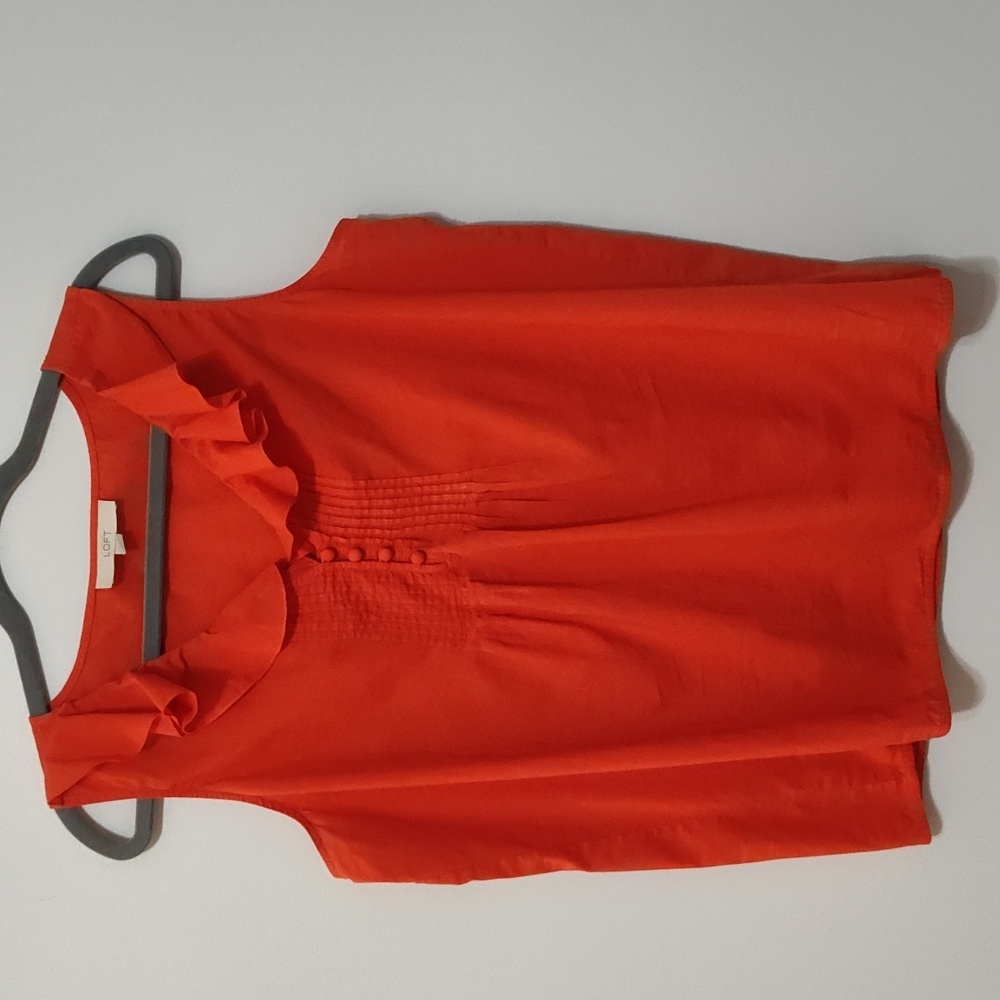 Loft Sleeveless Blouse Size L V Neck Ruffled Pleated Orange Cotton Casual Summer
